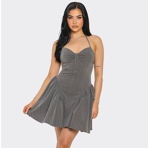 Gray Pleated Mini Sundress with Sweetheart Neckline